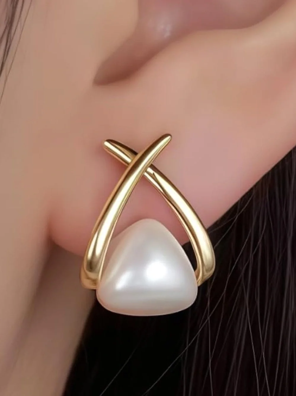 Anthropologie Gold Cross Hoop Earrings with White Pearl Teardrop
